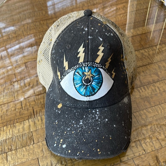 Handpainted Evil Eye Baseball Cap with Breathable Mesh adjustable Pony Tails